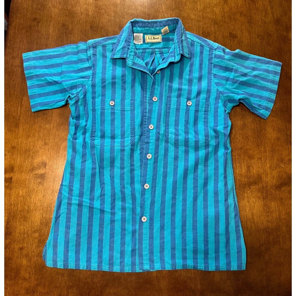 Vintage L.L.Bean Cool Weave Shirt Womens Medium Blue Striped Cotton Button Up